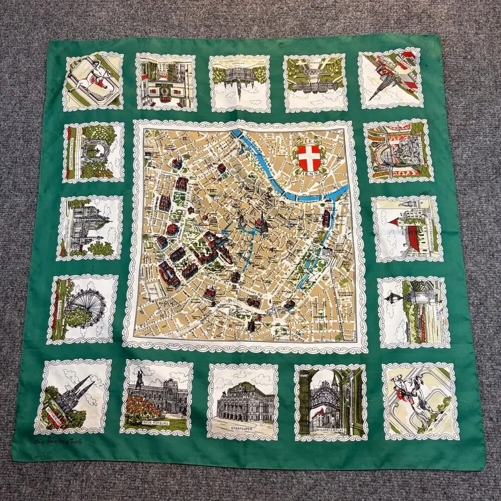 Vintage Striessnig Wien Germany Rhine River Castles Map Polyester Scarf Green